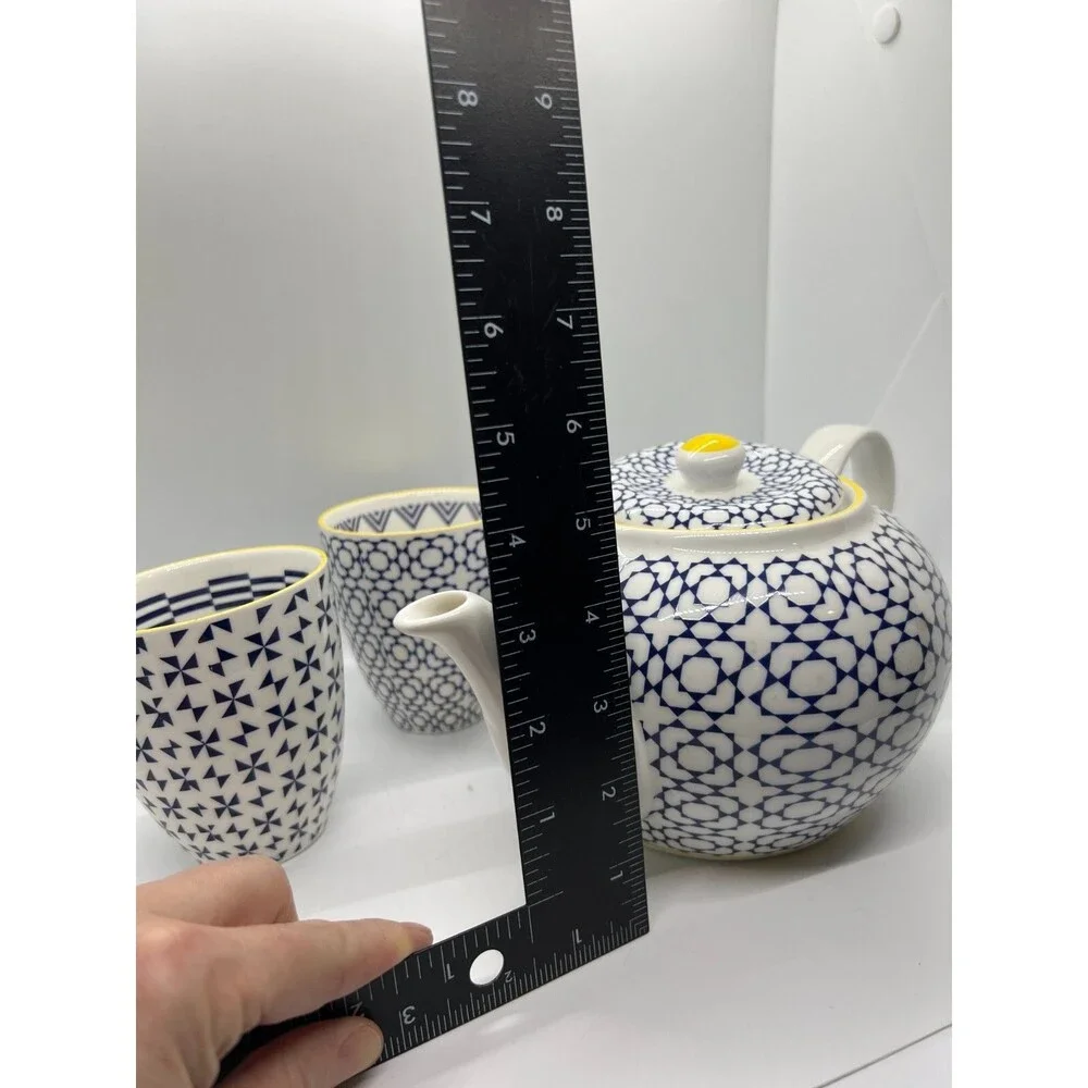 Tokyo Design Studio Nippon Blue Porcelain Teapot & 2 cups yellow white set japan